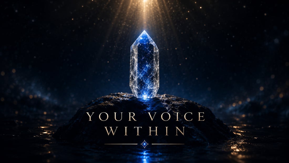Your Voice Within: a crystal in a dark forest, with light beaming from its tip