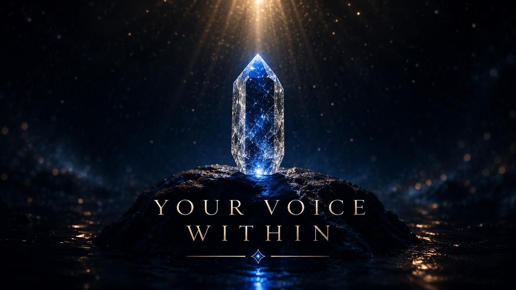 Your Voice Within: a crystal in a dark forest, with light beaming from its tip